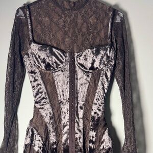 House of CB Taupe Velvet & Lace Long Sleeve Corset Dress